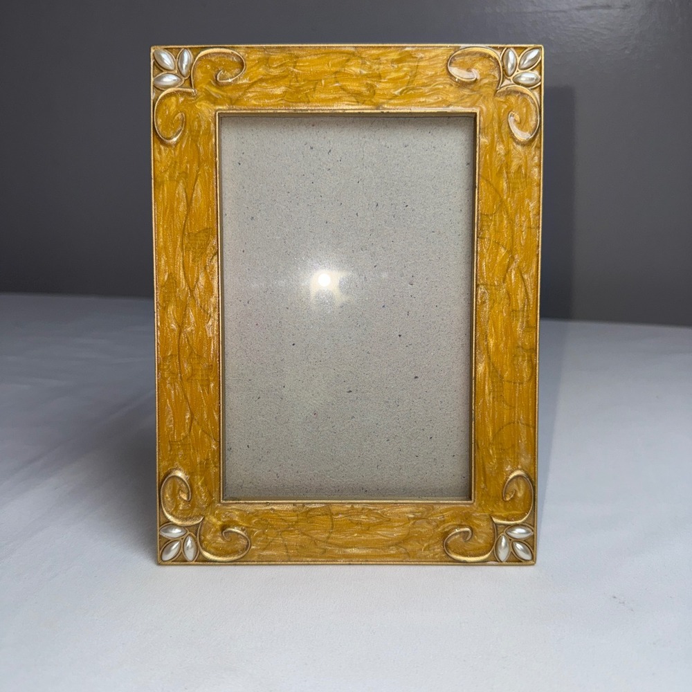 Yellow Marbled Enamel Picture Frame Faux Pearl Gold Tone 4x6 Tabletop Ornate